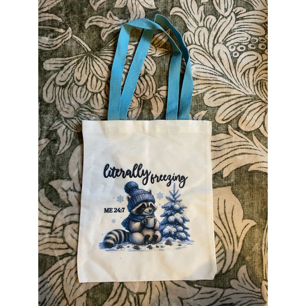 "Literally Freezing" Raccoon Canvas Tote Bag Funny Winter Graphic Blue Handles